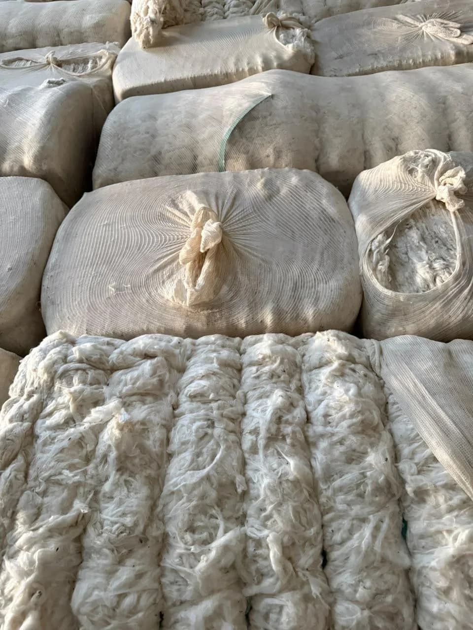 Cotton bales and loose cotton at the warehouse